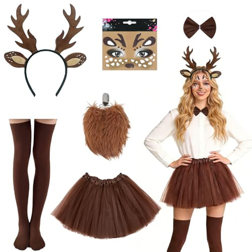 MINGJAY Costume Natalizio da Renna,6 Pezzi Costume Renna Donna Gonna,Rennas Natale Gonna Tutu,Donna Fascia Rennas Gonnas Corta di Tulle,per Carnevale Halloween Natale Festa