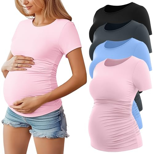 Geyoga Paquete de 4 Camisetas de Maternidad para Mujer De, Manga Corta, Cuello Redondo y Fruncido Lateral(Negro, Rosa, Azul Claro, Gris Oscuro,M)