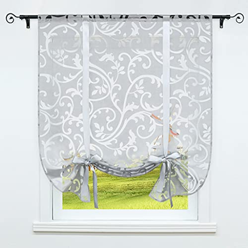 CORLIF - Tenda a pacchetto con binario, per cucina, design dévoré trasparente, moderna, con motivo a rampicanti, colore grigio, 80 x 140 cm (larghezza x altezza), 1 pezzo