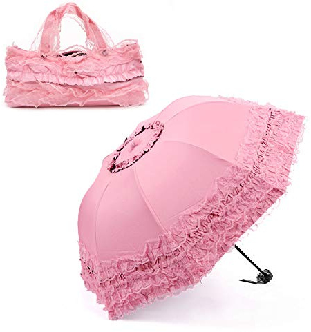 Heart Princess Lace Windproof Folding Sunny and Rainy Umbrella Ultraviolet-Proof Anti Sun UV Protection Parasol Umbrella (Pink)