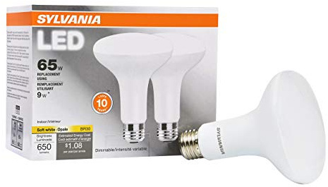 Sylvania LED Flood BR30 Light Bulb, 65W Equivalent Efficient 9W, 10 Year, 650 Lumens, Dimmable, 2700K, Soft White - 2 Pack (73954)