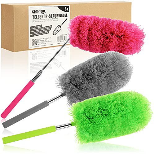 COM-FOUR® 3X Chenille Staubwedel mit Teleskopstange - Staubwischer mit biegsamem Kopf in modernen Farben