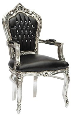Barock-Sessel Luxury aus Holz, Blattsilber, schwarzes Leder
