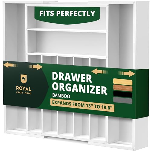 ROYAL CRAFT WOOD Luxury Bamboo Kitchen Drawer Organizer - Silverware Organizer/Utensil Holder and Cutlery Tray with Grooved Drawer Dividers for Flatware and Kitchen Utensils (9 Slot, White)