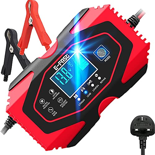 Car Battery Charger, 12V/6A 24V/3A Fully Intelligent Pulse Repair Lead Acid Lithium Battery Charger & Maintainer - UK Plug, Red