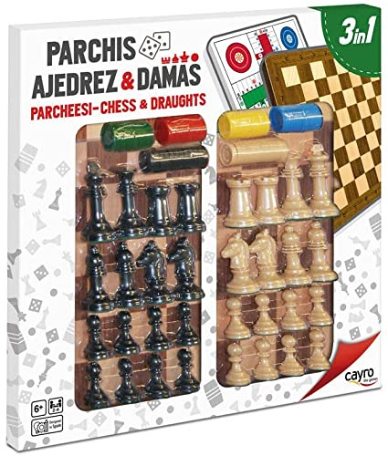 Cayro - Parchís, Ajedrez y Damas - Juego de Mesa 3 en 1 - Disfruta en Familia con los Juegos Clásicos más Divertidos - Lleva Accesorios y Piezas