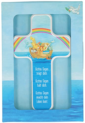 Butzon & Bercker Kinderholzkreuz „Arche Noah“ – Buche weißlackiert mit farbig bedrucktem Noah-Motiv und liebevollem Segensspruch – Geschenk zur Taufe, Erstkommunion & Kindergeschenk, 11 x 18 cm