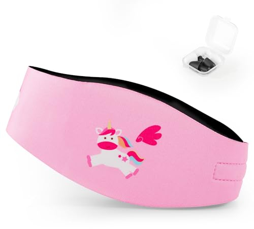 HeySplash Schwimmen Stirnband Kopfband, Ohren Schutz Band mit Ohrstöpsel Schwimmen, 2 Paar Schwimm Ohrstöpsel Wiederverwendbar, Wasserdicht Ohrenband Schwimmband für Kinder - S, Rosa Einhorn