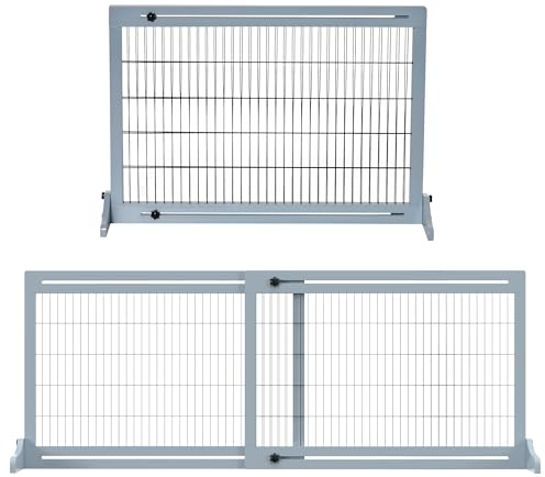 PawHut Hunde Absperrgitter aus Holz, Ausziehbares Türschutzgitter mit Fußstütze, Freistehendes Hundegitter, Treppenschutzgitter, Hundeabsperrgitter für Kamin, Ofen, Graublau, 104-183 x 36 x 69 cm