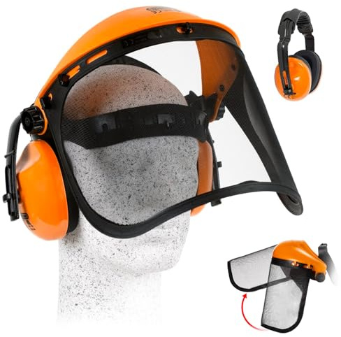 Avilia Cuffie Antirumore Lavoro con Maschera Protettiva Decespugliatore - Protezione Acustica SNR 22dB, Visiera Metallica per Lavoro - Archetto Regolabile e Cuscinetti Morbidi - 41x26x10cm
