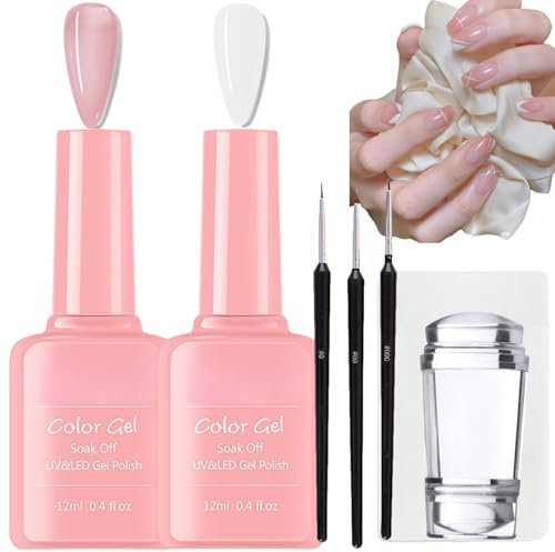 2PCS French Manicure Kit,Pink White Gel Nail Polish Set for French Manicure,French Manicure Nail Polish Set,White & Pink Gel Polish Set for French Tips with Nail Stamper & Nail Art Brushes,Nail Gel