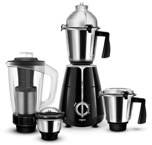 Wipro Elato FMG209 800 Watt mixerkvarn med 4 burkar, slitstark 100 % kopparkullagermotor med 5 års garanti, superfast slipning, lock med klämma - handsfree användning, 4 burkar mixerkvarn 800 watt,