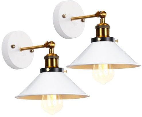 2 Pezzi Applique da Parete Interno Moderna Lampade da Parete Industriale Retrò Lampada a Muro E27 Vintage in Metallo Ruotabile Luce da Camera da Letto Soggiorno Corridoio (Bianco-A-2)