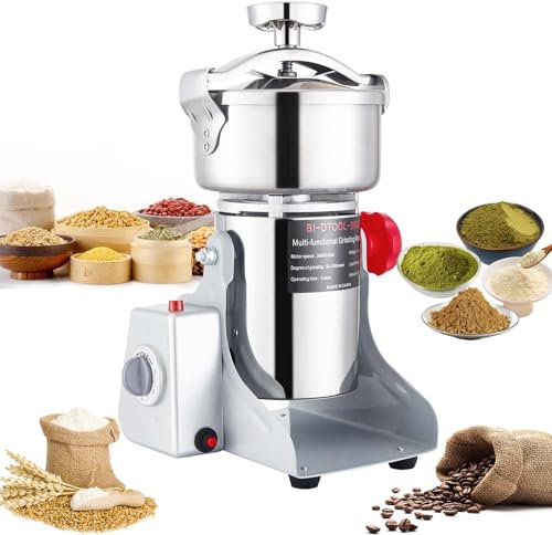 BI-DTOOL Electric Grain Mill Grinder 2000W Dry Material Grinding Machine 800g Stainless Steel Pulverizer 36000r/min High-speed Grain Mill 270° swingable Superfine powder for Home and Commercial 800g
