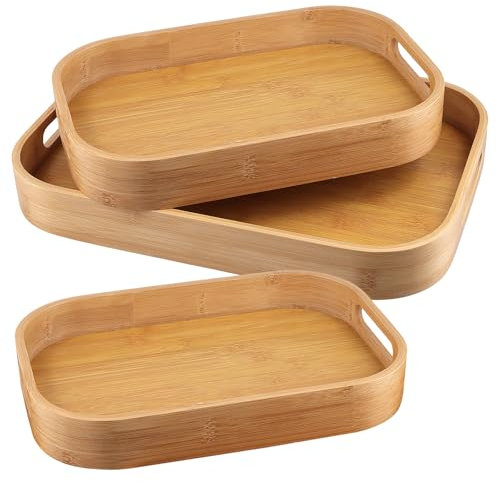 JIEHIN 3er Set Bambus Serviertablett mit Griffen, Holztablett 33 x 22 x 4 cm und 40 x 28 x 5 cm, Holz Serviertablett Küchentablett für Abendessen, Tee, Kaffee, Frühstück, Partys
