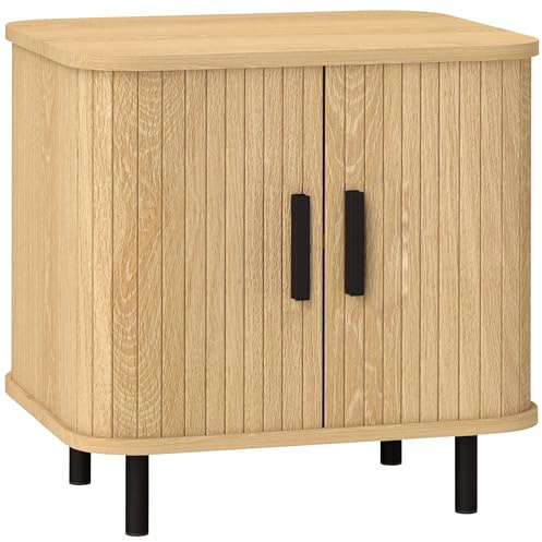 HOMCOM Bedside Table with Roller Shutter Style Sliding Doors Oak Tone | Nordic Side Table, Metal Legs, for Bedroom, Living Room