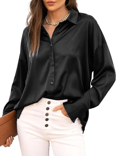Jhsnjnr Camicia in seta da donna, elegante, a maniche lunghe con bottoni, scollo a V, per ufficio, oversize, in raso lucido, Nero , S