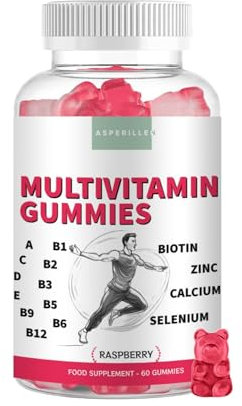 Multivitaminico Completo Gommose Uomo e Donna - 15 Vitamine e Minerale Essenziali - con Vitamina A, B, C, D, E, Calcio, Zinco e Selenio - Integratori Stanchezza - 60 Unità Vegane al Gusto di Lampone