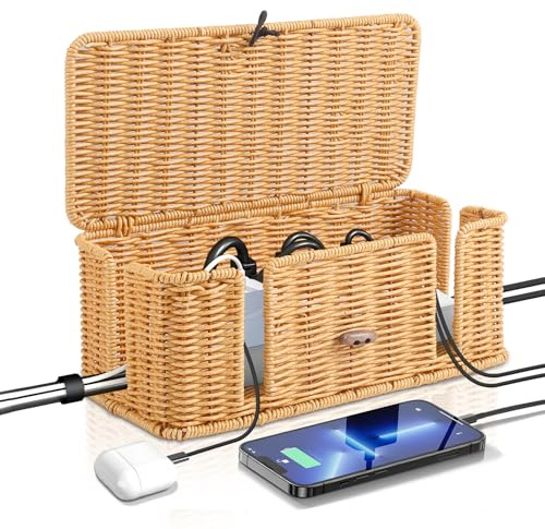 Boîte de prise, boîte de câbles en rotin faite à la main, boîte de gestion des câbles sous le bureau, boîte d'organisation des câbles pour cacher l'encombrement des câbles, boîte de prise de bureau
