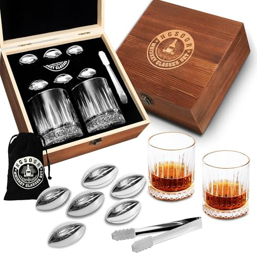 Football Gifts for Men, Whiskey Glass Set with 6 Football Whiskey Stones