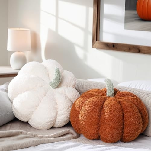 2 Stücks Kürbis Kissen Herbstdeko Innen, Pumpkin Pillow Plüsch Autumn Fall Decor Herbst Dekoration Aesthetic Halloween Deko Kürbiskissen Herbstkissen für Wohnzimmer Schlafzimmer Sofa(Weiß&Braun)
