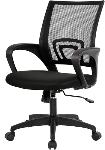 BestOffice | Ergonomic Office Chair | Mid-Back Swivel Desk Chair | Breathable Backrest & Lumbar Support | Adjustable Height | Sponge Seat | Rolling Wheels | Dark Black | for Adults & Women