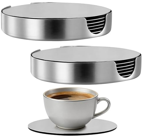 NGOSUET 12 Stück 10cm Edelstahl Untersetzer Rund Klein, Glasuntersetzer Set mit Halter, rutschfest und Hitzebeständig, Metall Untersetzer Tassenuntersetzer für Kaffee Bar Küche