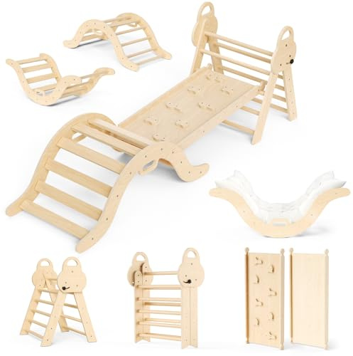 7 in1 Toddler Climbing Frame, Wooden Climbing Tripod Set, with Climbing Frame, Soft Cushion, Montessori Climbing Fitness Set, for Children Aged 1-3 Indoor and Outdoor Use (Wood tone)