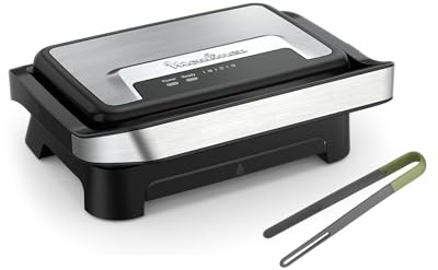 Moulinex Inicio Compact, plancha para paninis y grill, 1000 W, placas de cocción antiadherentes, apertura ajustable, acabado Inox, incluye pinzas, diseño compacto y fácil de usar, GI2710M