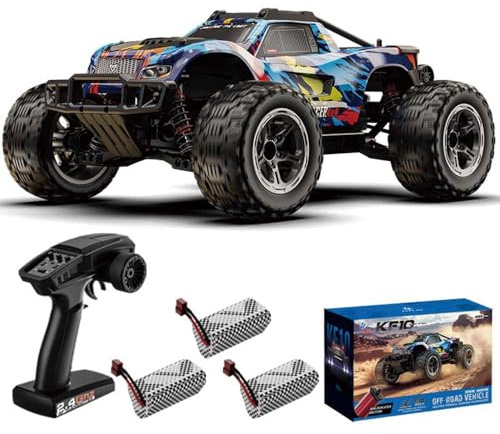 Teeggi Radiostyrd bil för vuxna 60 km/h, 1:10 RC borstlös motor höghastighets terrängdrift racerbil, 4WD Off Road Race Buggy, 3 batterier (blå)