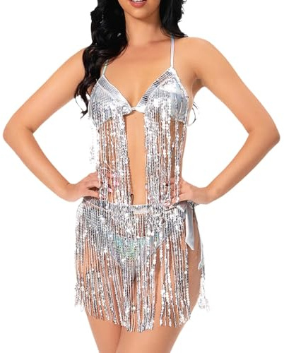 Ensemble bikini sexy pour femme - Costume de danse avec bretelles et franges - Costume de performance d'équipe - Ensemble bikini avec tissu pailleté et franges, argenté, M