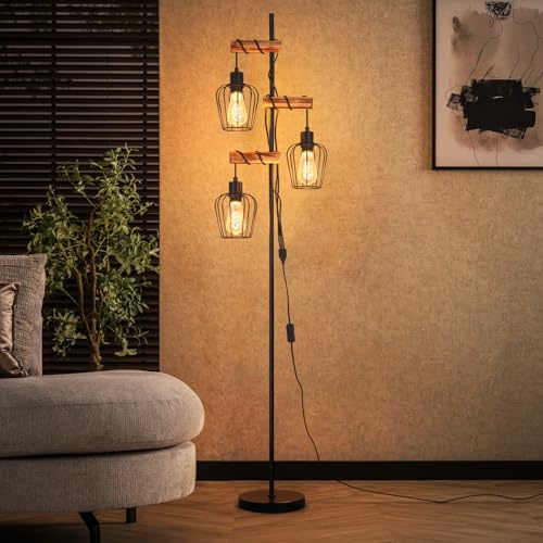 ZMH Lampe sur Pied Vintage Bois Salon : Lampadaire Industriel 3 Feux avec Douille E27, Lumière Décorative Rustique pour Chambre, Sans Ampoule
