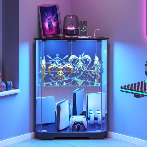 FREDEES Corner Display Cabinet with Glass Doors for Living Room, Black | 2-Tier Curio Cabinet with 3-Color LED Lights, with Charging Station, Ample Storage Space, For Compact Spaces
