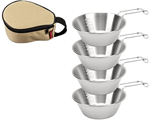 WIHFHGZ Ciotole da Campeggio in Acciaio Inossidabile 300ml, Set 4 Pezzi con Manico Pieghevole, Resistente e Leggero - Impermeabile Oxford, Misuratore Millilitri, Ideale per Hiking e