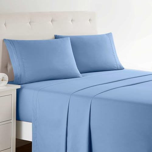 Clara Clark Bed Sheets, Premier 1800 Series 4 Piece Bed Sheet Set, Deep Pocket, Wrinkle, Fade, Stain Resistant, Luxury Soft Bedding Sheets & Pillowcases, Queen, Blue Heaven