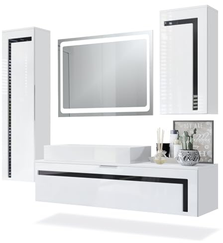 Vladon Badmöbel Komplettset Aloha, Made in Germany, Korpus in Weiß matt/Fronten in Weiß Hochglanz mit Absetzungen in Schwarz Hochglanz, mit Aufsatzwaschbecken und LED Spiegel
