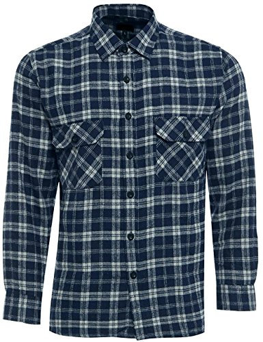 HuntaDeal Mens Shirt Long Sleeved Flannel Brushed Cotton | Checked Check Lumberjack Work Warm Casual Work Outdoor Shirt, Navy Grey, M