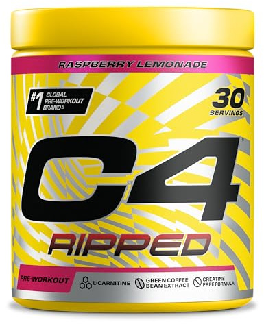 C4 Ripped Pre Workout Powder Raspberry Lemonade 30 Servings | Zero Sugar Pre Workout with 150mg Caffeine, 500mg L Carnitine, 1600mg Beta Alanine, 200mg Green Coffee Bean Extract