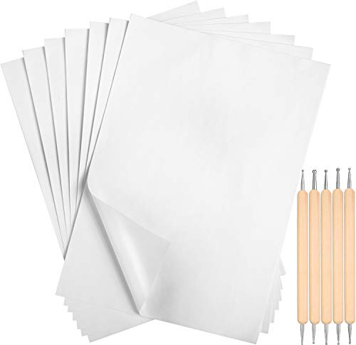 Outus 100 Sheets White Carbon Graphite Transfer Paper A4 Size Tracing Carbon Copy Graphite Paper with 5 Embossing Stylus Tracing Stylus Dotting Tools for Dark Cloth Fabric Embroidery and Wood