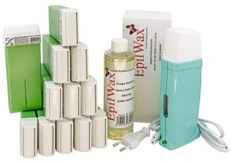 EpilWax Royal Enthaarungsset Komplett mit: Professionellem Wachswärmer,12 Roll-On Wachs 100 ml mit Aloe Vera, 100 Enthaarungsstreifen, 1 Flasche mit 250 ml Öl nach der Enthaarung (Royal Aloe Vera 12