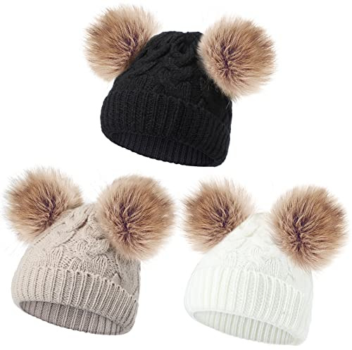 Geyoga 3 Pieces Baby Beanies Toddler Kids Hats Winter Double Pompom Beanies Caps Knitted for Girls Boys(Black, White, Khaki)