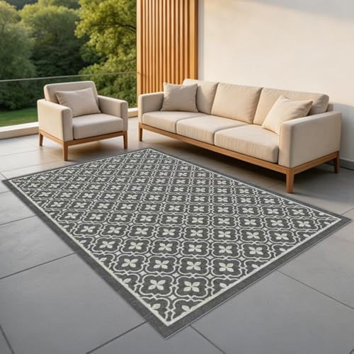 Outdoor Teppich Wetterfest 160x230CM, Frühling Camping Teppich, Wasserdicht Balkon Terrasse Matte Rug Carpet für Garten Patio RV Picknick, Rug UV-Beständig Waschbar Tragbar, Graue Blume.