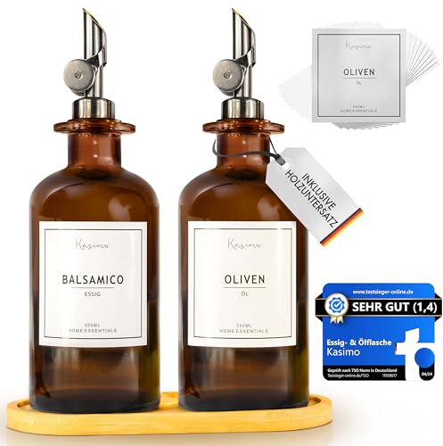 Kasimo Ölflasche Essig & Ölflaschen Set – 2x 350ml mit Ausgießer, Ölspender zum Befüllen, Olivenöl Flasche aus Glas, Öl Flaschen für die Küche, Essigspender mit Dosierer, Spender für Sirup