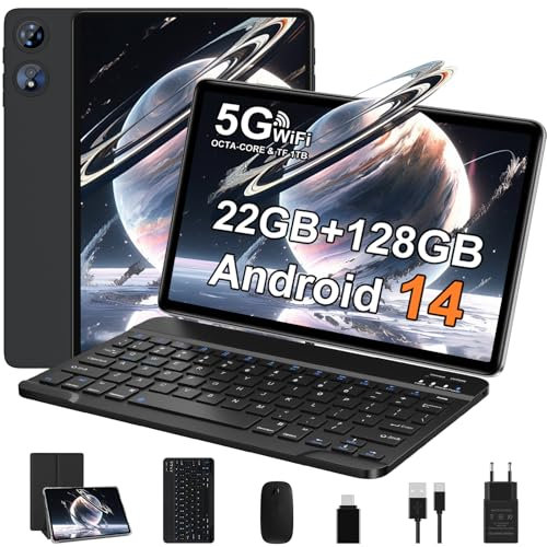 UJJ Tablette10 Pouces Android 14 Tablettes Tactile 22GoRAM+128GoROM(TF 1To),5G+2.4G WiFi 6,Octa-Core,2.0Ghz,Widevine L1,GMS,BT5.0,autonomie Extra-Longue,5+8MP,Clavier+Souris et Cas-Noir
