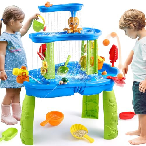 FRUSE Table d'eau pour Enfants,Jeux d'eau pour l'extérieur à 3 Niveaux avec Accessoires,Table Eau Sable d'activité Exterieur pour Plage et Le Jardin,Jouets de d'été pour garçons et Filles 3,4,5,6 Ans