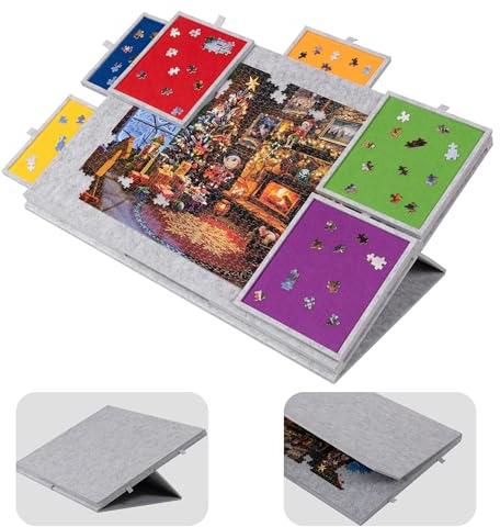 Lavievert Planche de Puzzle inclinable de 1500 pièces avec Support et Housse 2 en 1, Plateau de Puzzle léger en Feutre avec 6 tiroirs colorés, Table de Puzzle Portable avec Rangement pour Adultes –