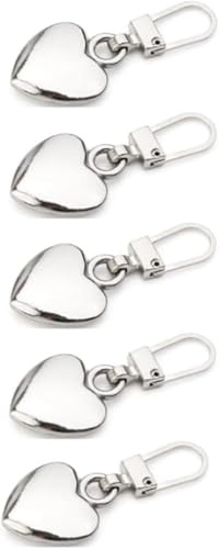 5Pcs Heart Shaped Zipper Pull Replacement Metal Zipper Backpack Zippers Mend Fixer Repair for Coats Jackets Pants Luggage,Fasteners, Sewing Notions and Supplies Storage Racks (Silver)