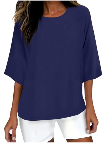 Maglia a Maniche Tre Quarti Cotone Donna Elegante Curvy Maglietta Cotone e Lino Magliette con Colletto a Girocollo in Tinta Unita Leggera e Comoda per L'Estate Maglietta da Donna alla Moda da Spiaggia