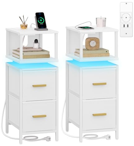 HEXCELEN Table de Nuit, Lot de 2, Table de Chevet Éclairée, 2 Tiroirs et Compartiment Ouvert, Tables d’appoint avec Ports USB et Prises, pour Chambre à Coucher Salon Moderne 30,2 x 24 x 67 cm Blanc