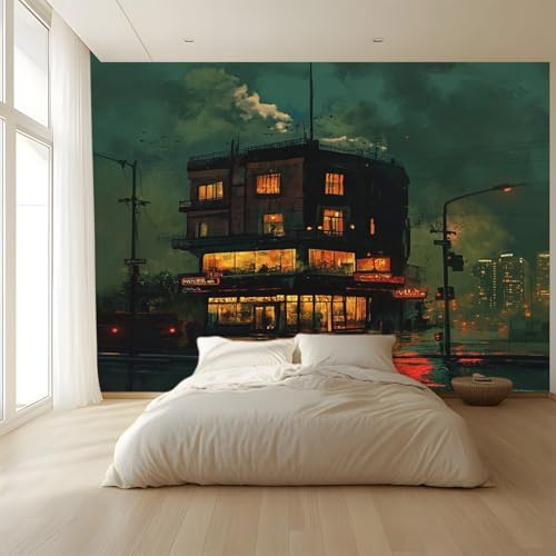 MKBKLI Carta da Parati Fotografica Stile pittorico edifici notturni in città - Design per Pareti Camera - Fotomurale Tessuto Non Tessuto 350 x 256 cm - Colla Non Inclusa